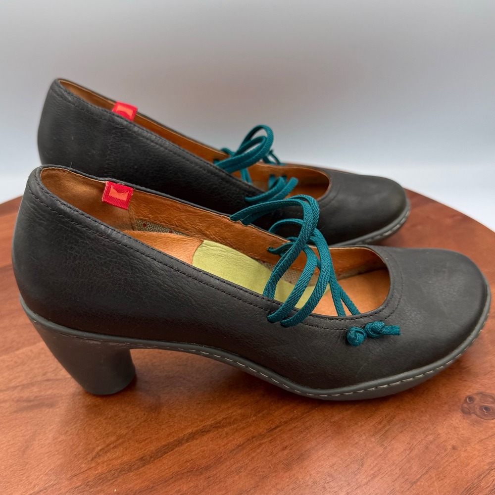 Camper‎ Beginner Heels Dark Gray Leather Elastic Mary Jane Pumps Womens 7 Twee - Picture 7 of 13